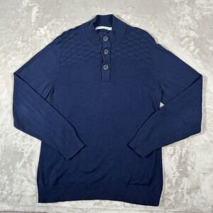 Criquet Henley Banded Collar Sweater Mens Large Navy Blue Cotton Cashmere Blend